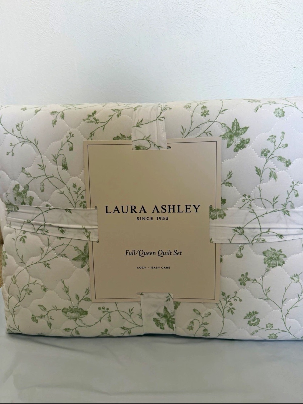 Laura Ashley Cream Quilt with Light Green Floral Vine